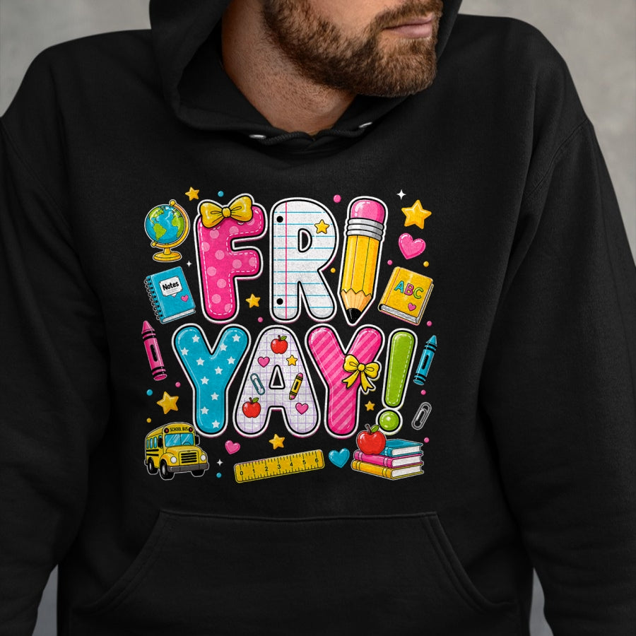 Best Teacher Shirt, Funny Teacher UnisexT-Shirt/Hoodie/Sweatshirt HLT00 - Happy Fri-Yay Friday Coquette Bow Teacher Back to School T-Shirt