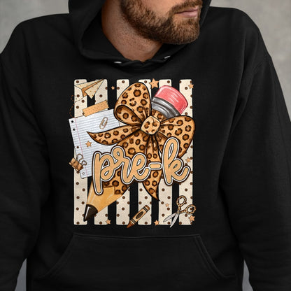 Best Teacher Shirt, Funny Teacher UnisexT-Shirt/Hoodie/Sweatshirt HLT00 - Preppy Leopard Pencil Bow Pre K Teacher Back to School T-Shirt