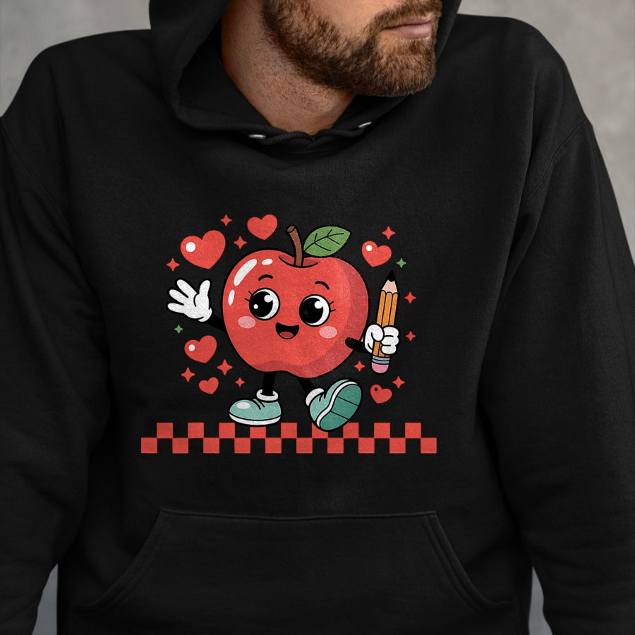 Best Teacher Shirt, Funny Teacher UnisexT-Shirt/Hoodie/Sweatshirt HLT00 - Cute Retro Checkered Apple with Face Teacher Pencil Trendy T-Shirt (2)