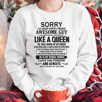 October - Sorry I am already taken by a freaking awesome guy - Gift for Wife From Husband - EBIL10 (SKU08-25-10)