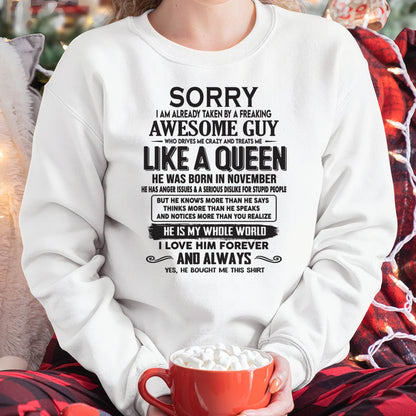 November - Sorry I am already taken by a freaking awesome guy - Gift for Wife From Husband - Ebil11 (SKU08-25-11)