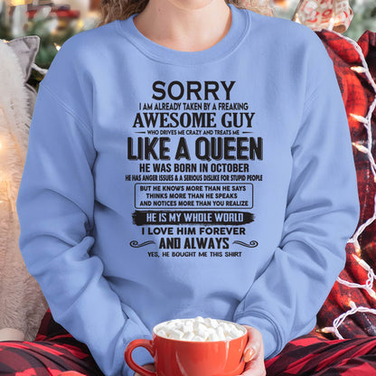 October - Sorry I am already taken by a freaking awesome guy - Gift for Wife From Husband - DONN10 (SKU08-25-10)