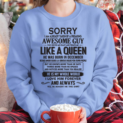 December - Sorry I am already taken by a freaking awesome guy - Gift for Wife From Husband - EBIL12 (SKU08-25-12)