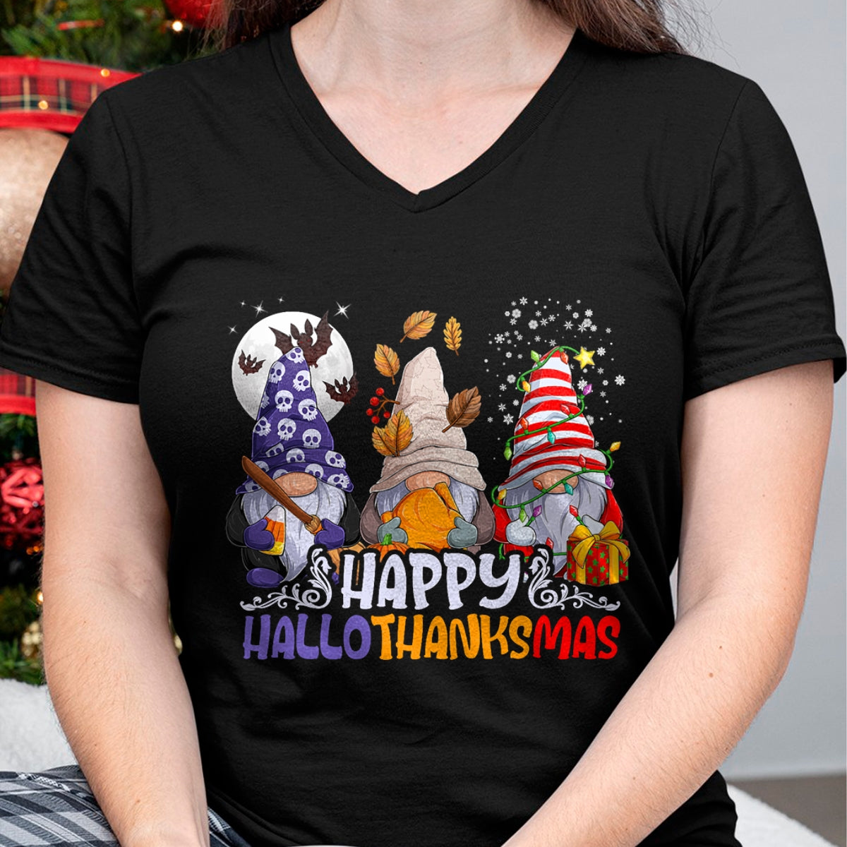 HalloThanksMas Gnomes Halloween Thanksgiving Christmas Happy T-Shirt - Christmas Unisex T-Shirt/Hoodie/Sweatshirt - HNDS00