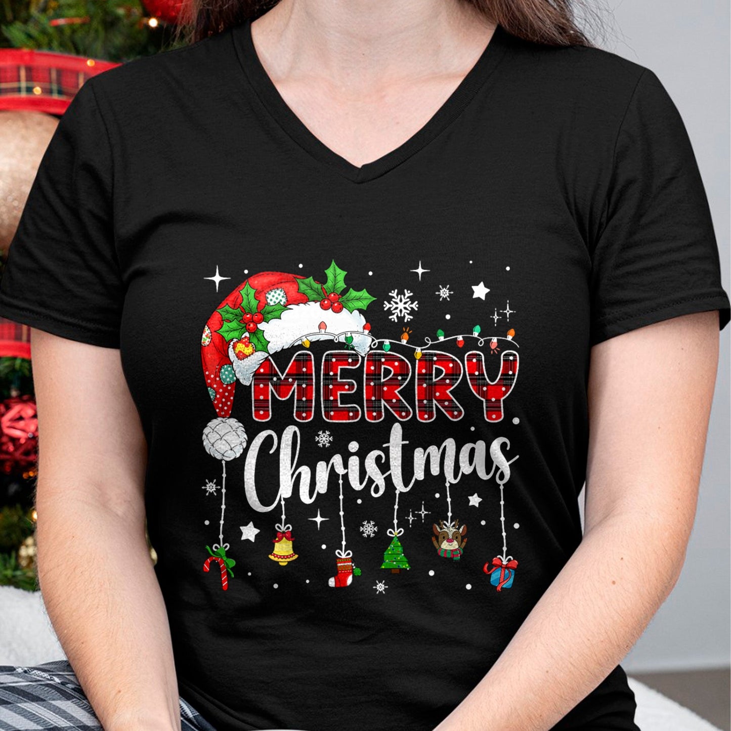 Merry Christmas Red Santa Hat Reindeer Xmas Matching Family T-Shirt - Christmas Unisex T-Shirt/Hoodie/Sweatshirt - HNDS00