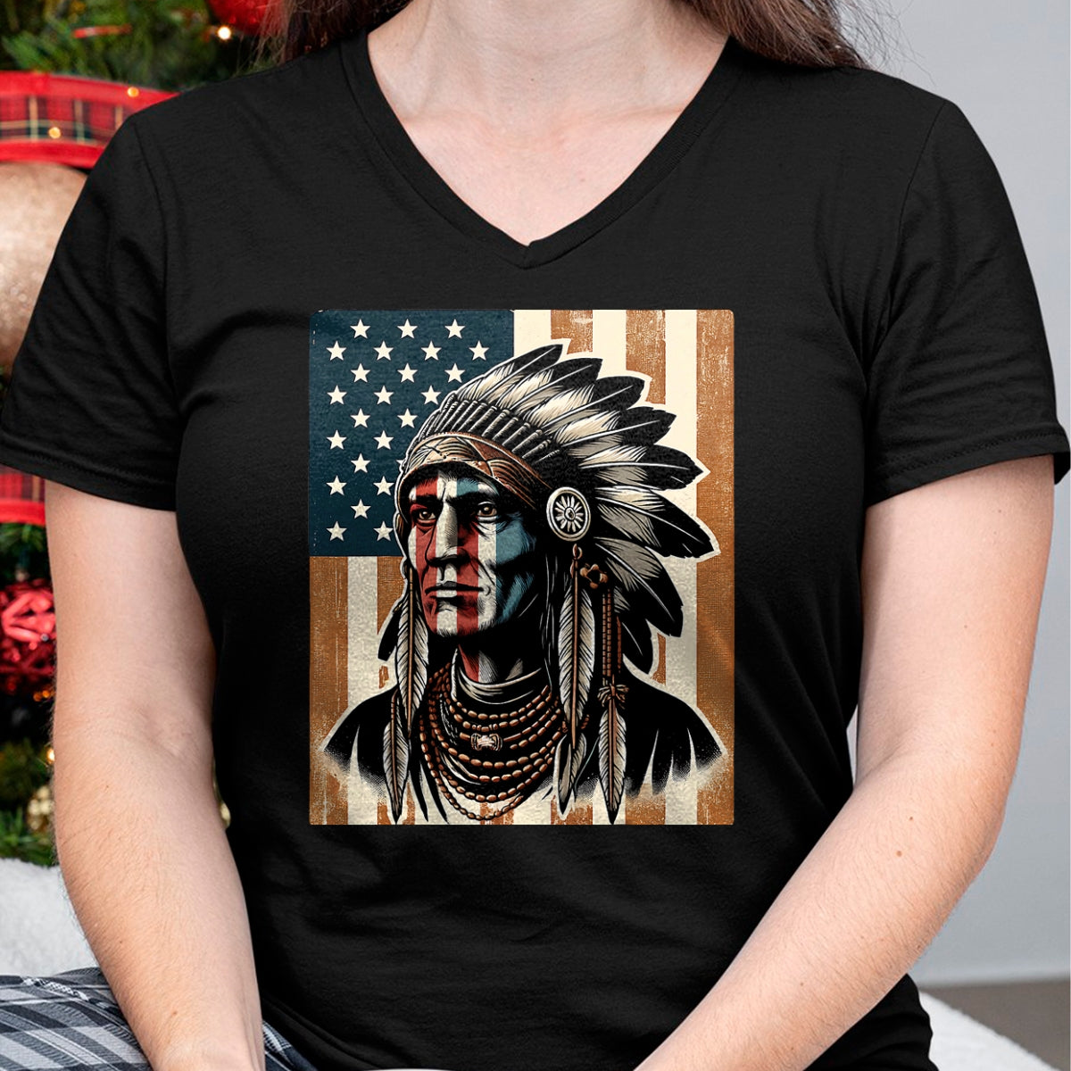 Native American T-Shirts, Vintage Native American Unisex T-Shirt/Hoodie/Sweatshirt HLT00 - Native American Indian Vintage Chief American USA Flag Retro T-Shirt (1)