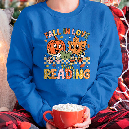 Best Teacher Shirt, Funny Teacher UnisexT-Shirt/Hoodie/Sweatshirt HLT00 - Fall in Love with Reading Autumn Pumpkin Teacher Book Lover T-Shirt