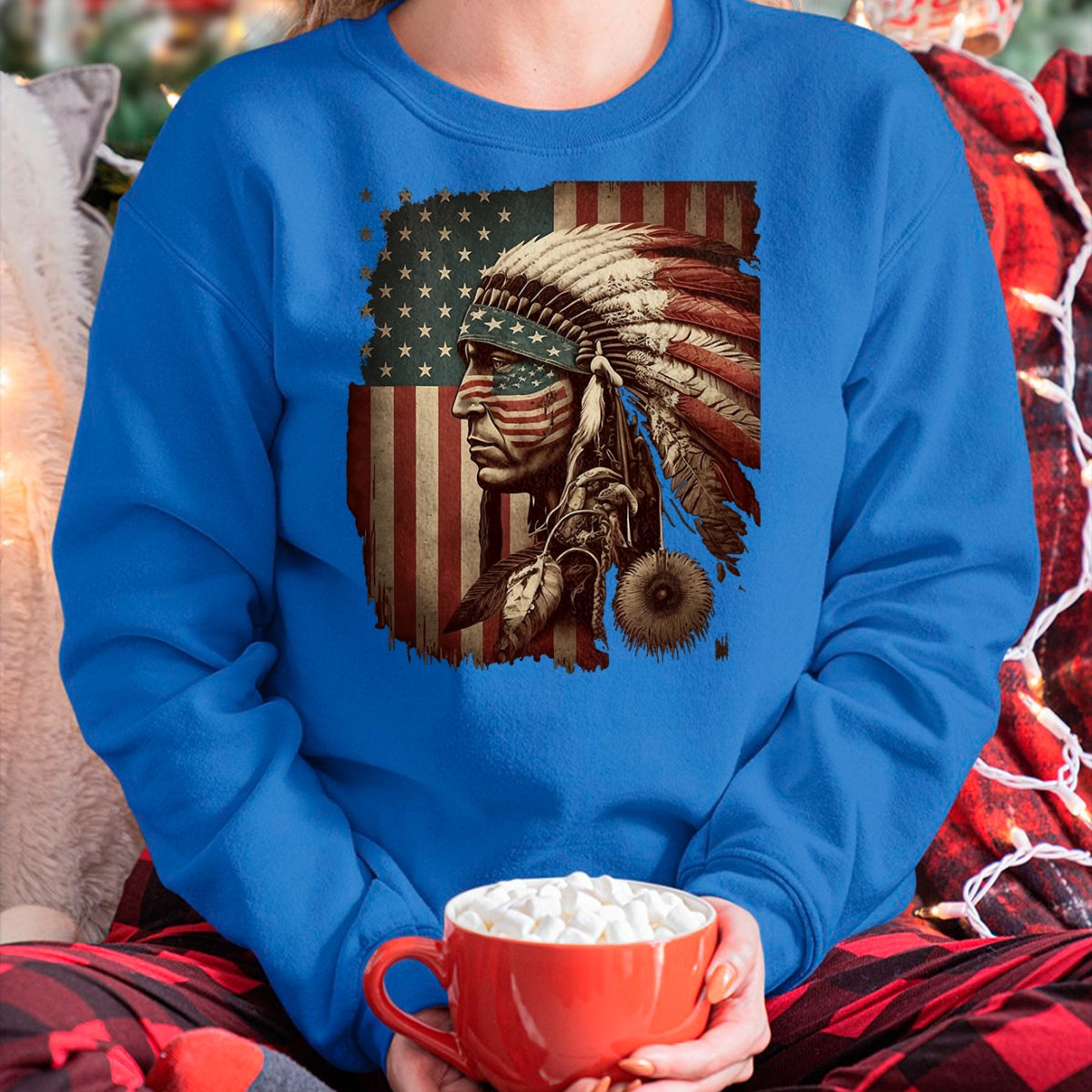 Native American T-Shirts, Vintage Native American Unisex T-Shirt/Hoodie/Sweatshirt HLT00 - Native American Indian Chief American USA Flag T-Shirt (1)