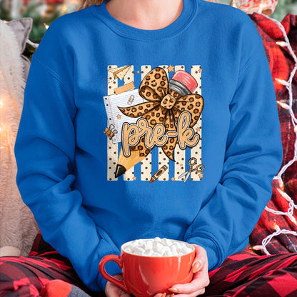 Best Teacher Shirt, Funny Teacher UnisexT-Shirt/Hoodie/Sweatshirt HLT00 - Preppy Leopard Pencil Bow Pre K Teacher Back to School T-Shirt