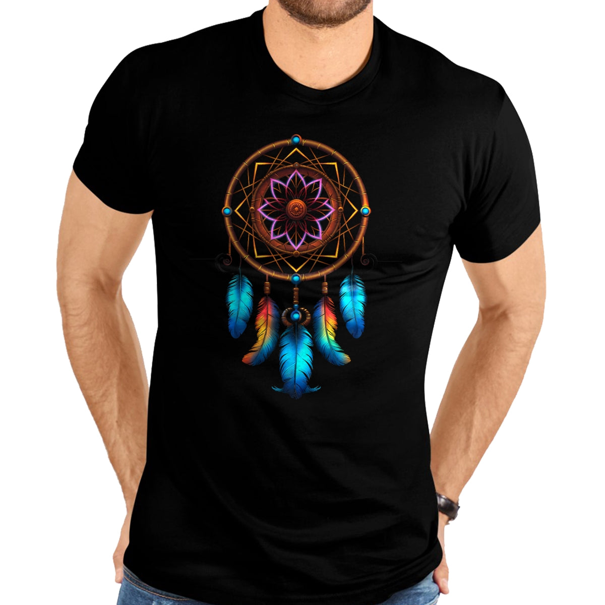 Native American T-Shirts, Vintage Native American Unisex T-Shirt/Hoodie/Sweatshirt HLT00 - American Flag - Colorful Dreamcatcher Feathers Tribal Native American Indian T-Shirt (1)
