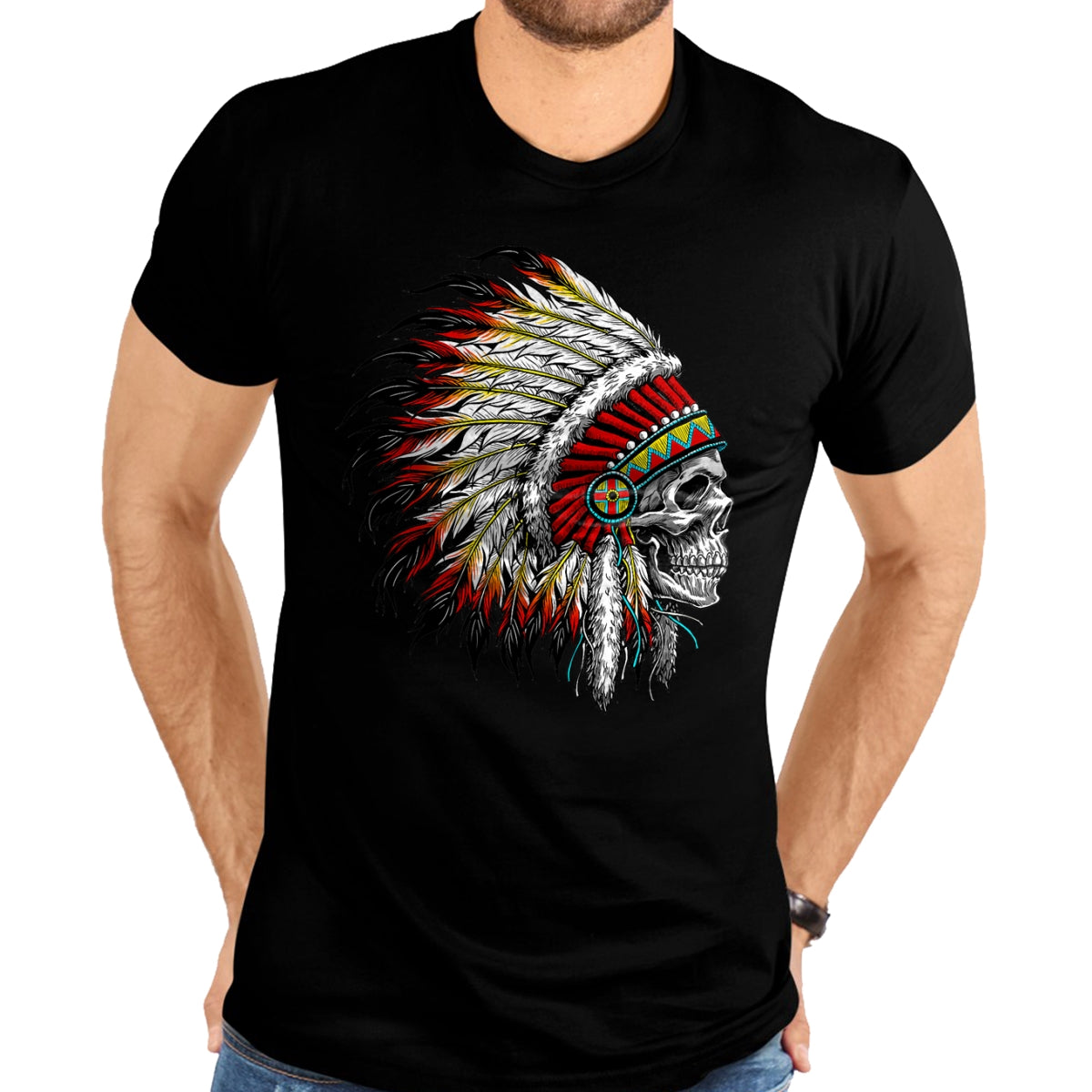 Native American T-Shirts, Vintage Native American Unisex T-Shirt/Hoodie/Sweatshirt HLT00 - Native American Indian Chief Skull Motorcycle Headdress T-Shirt (1)