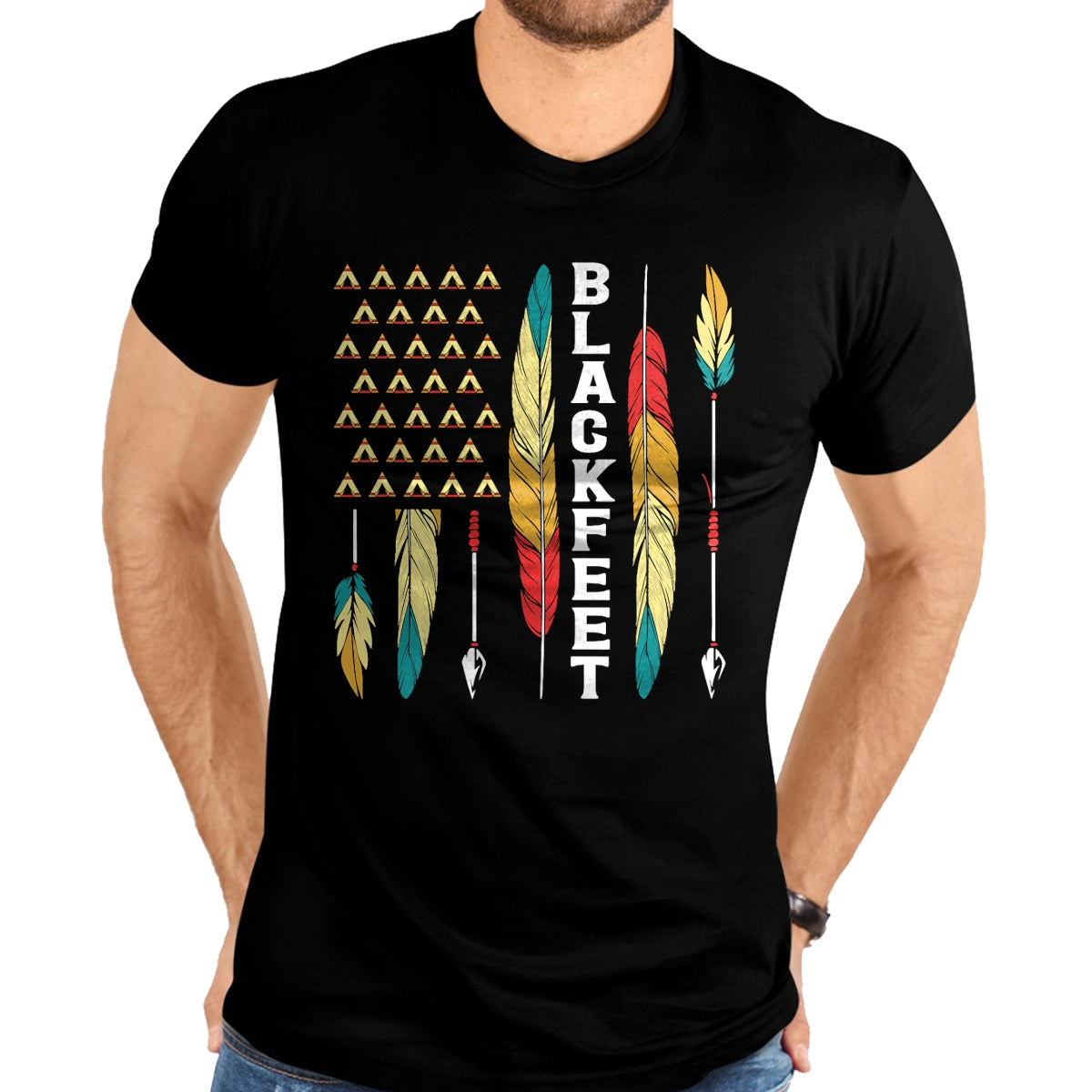Native American T-Shirts, Vintage Native American Unisex T-Shirt/Hoodie/Sweatshirt HLT00 - American Flag - Blackfeet Flag Native Pride American Indian Tribe Blackfeet T-Shirt (1)