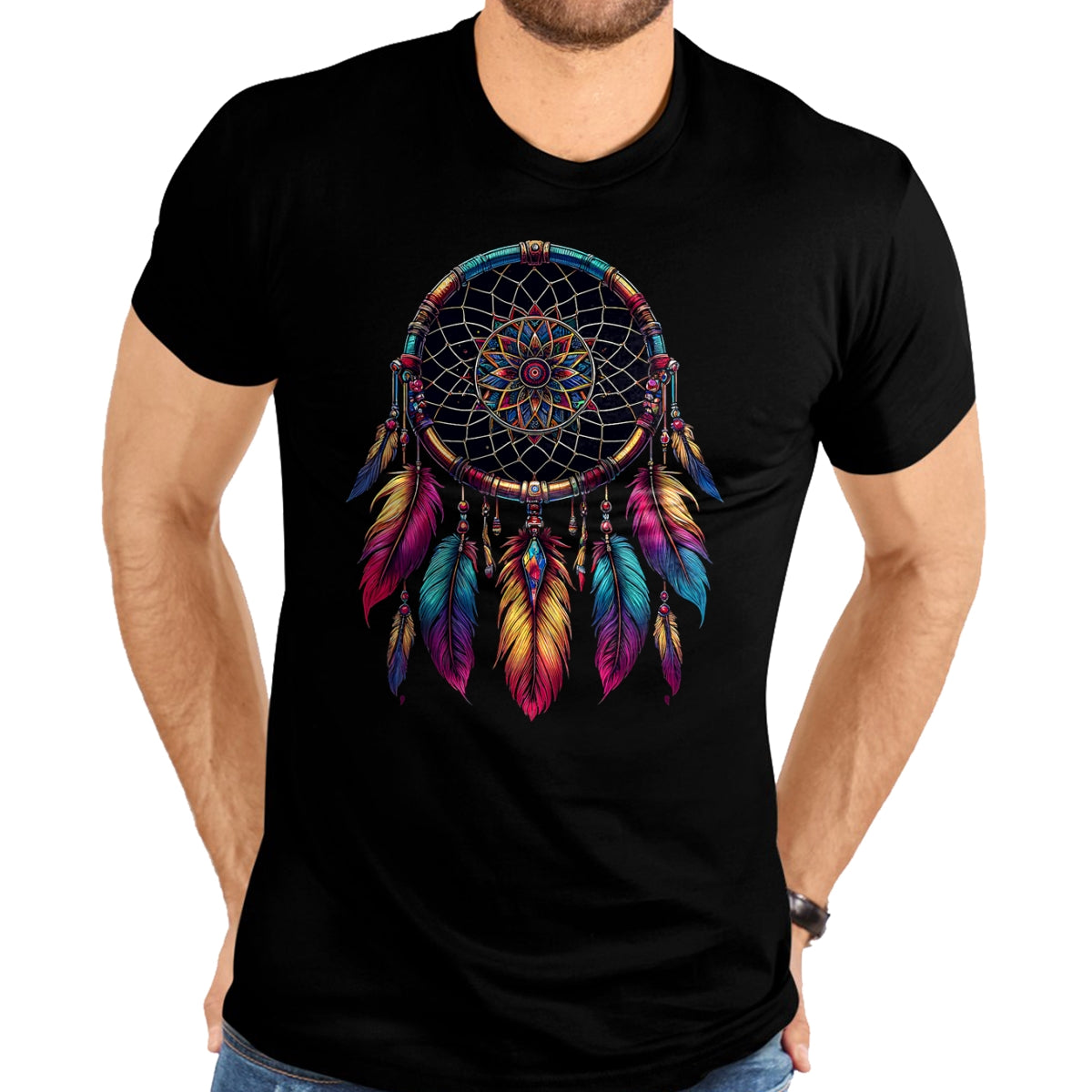 Native American T-Shirts, Vintage Native American Unisex T-Shirt/Hoodie/Sweatshirt HLT00 - American Flag - Colorful Dreamcatcher Feather Native American Indian Art T-Shirt (1)