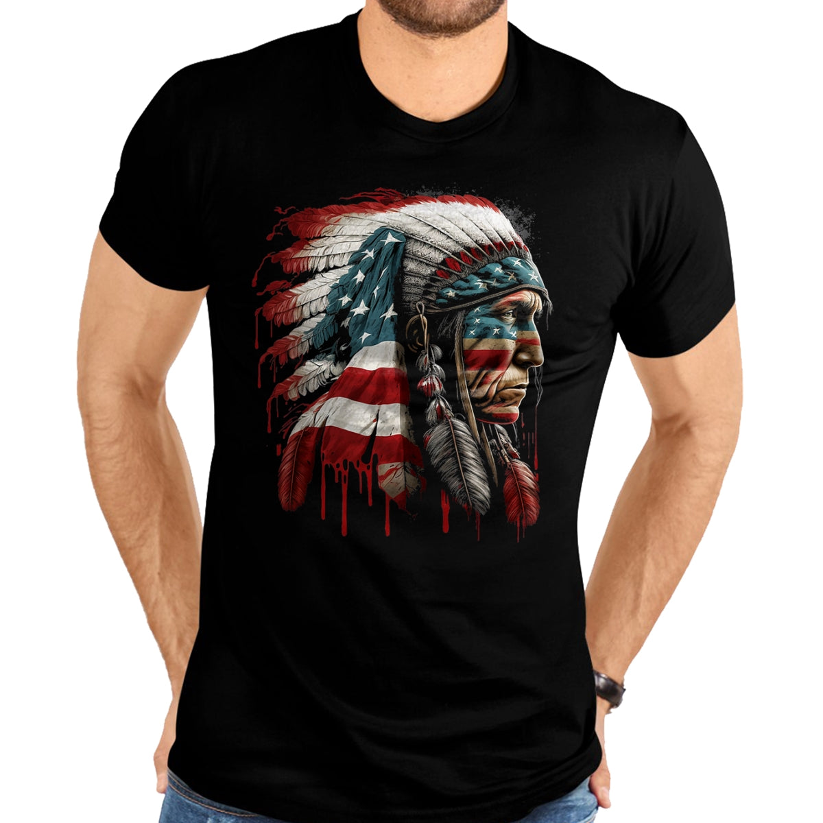 Native American T-Shirts, Vintage Native American Unisex T-Shirt/Hoodie/Sweatshirt HLT00 - Native American Indian Chief American USA Flag T-Shirt (2)