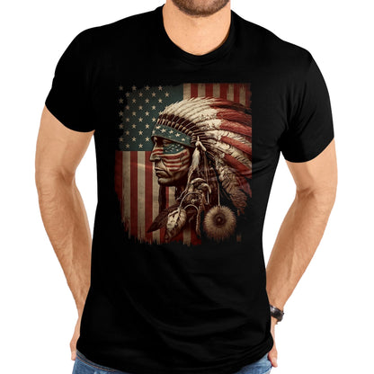 Native American T-Shirts, Vintage Native American Unisex T-Shirt/Hoodie/Sweatshirt HLT00 - Native American Indian Chief American USA Flag T-Shirt (1)