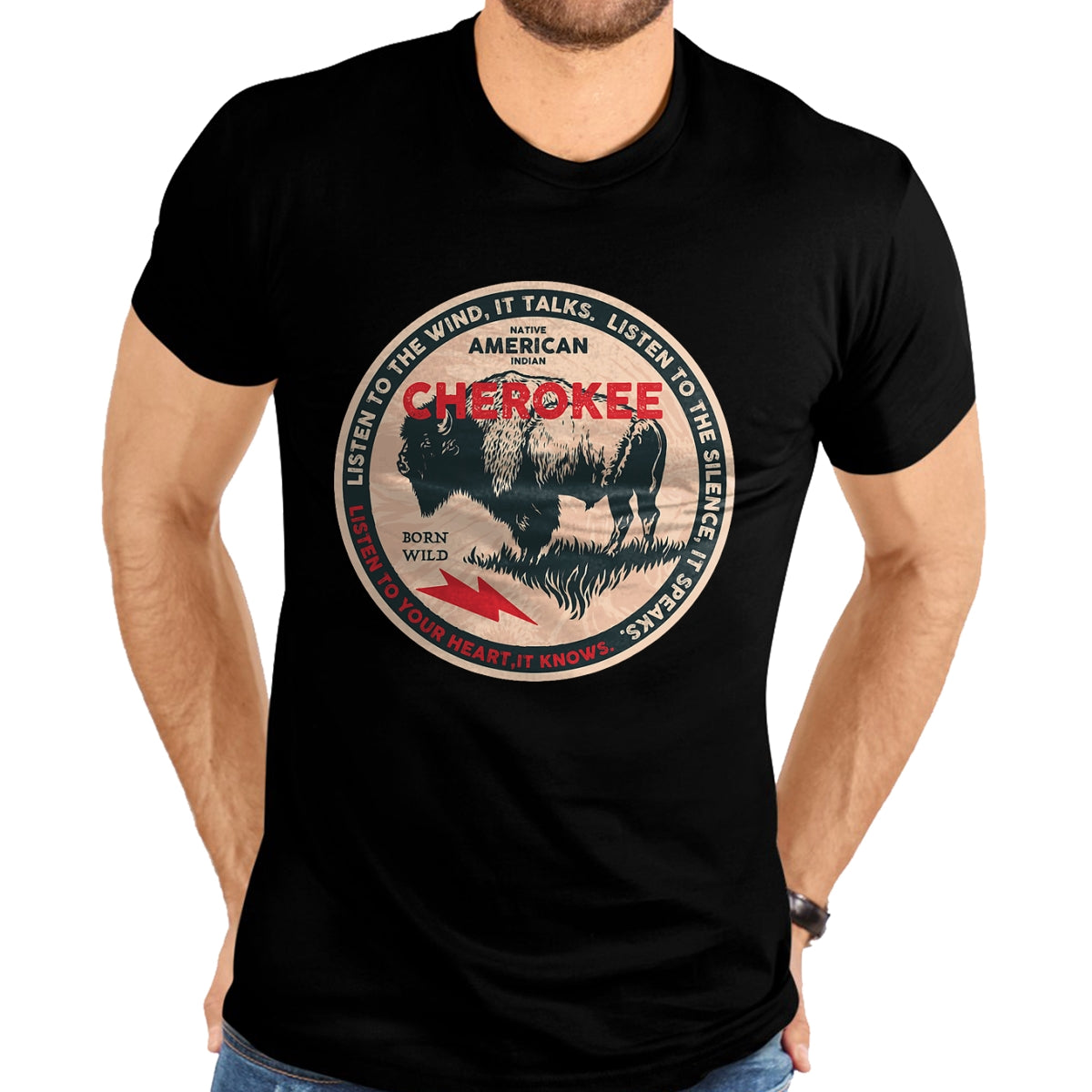 Native American T-Shirts, Vintage Native American Unisex T-Shirt/Hoodie/Sweatshirt HLT00 - American Flag - Cherokee Native American Indian Born Freedom Wild Buffalo T-Shirt (1)