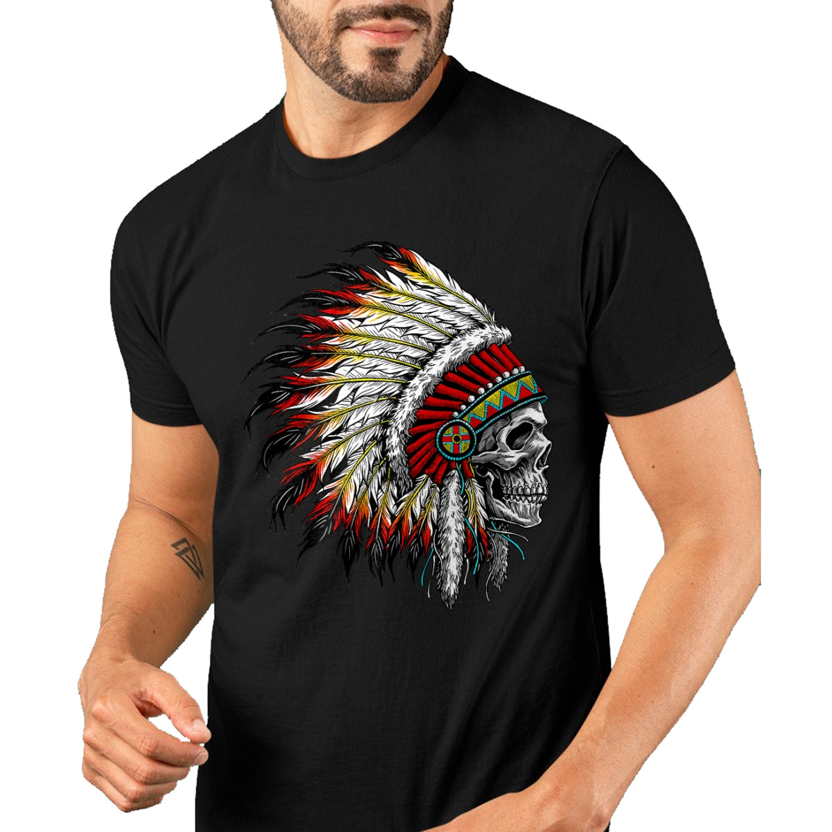 Native American T-Shirts, Vintage Native American Unisex T-Shirt/Hoodie/Sweatshirt HLT00 - Native American Indian Chief Skull Motorcycle Headdress T-Shirt (1)