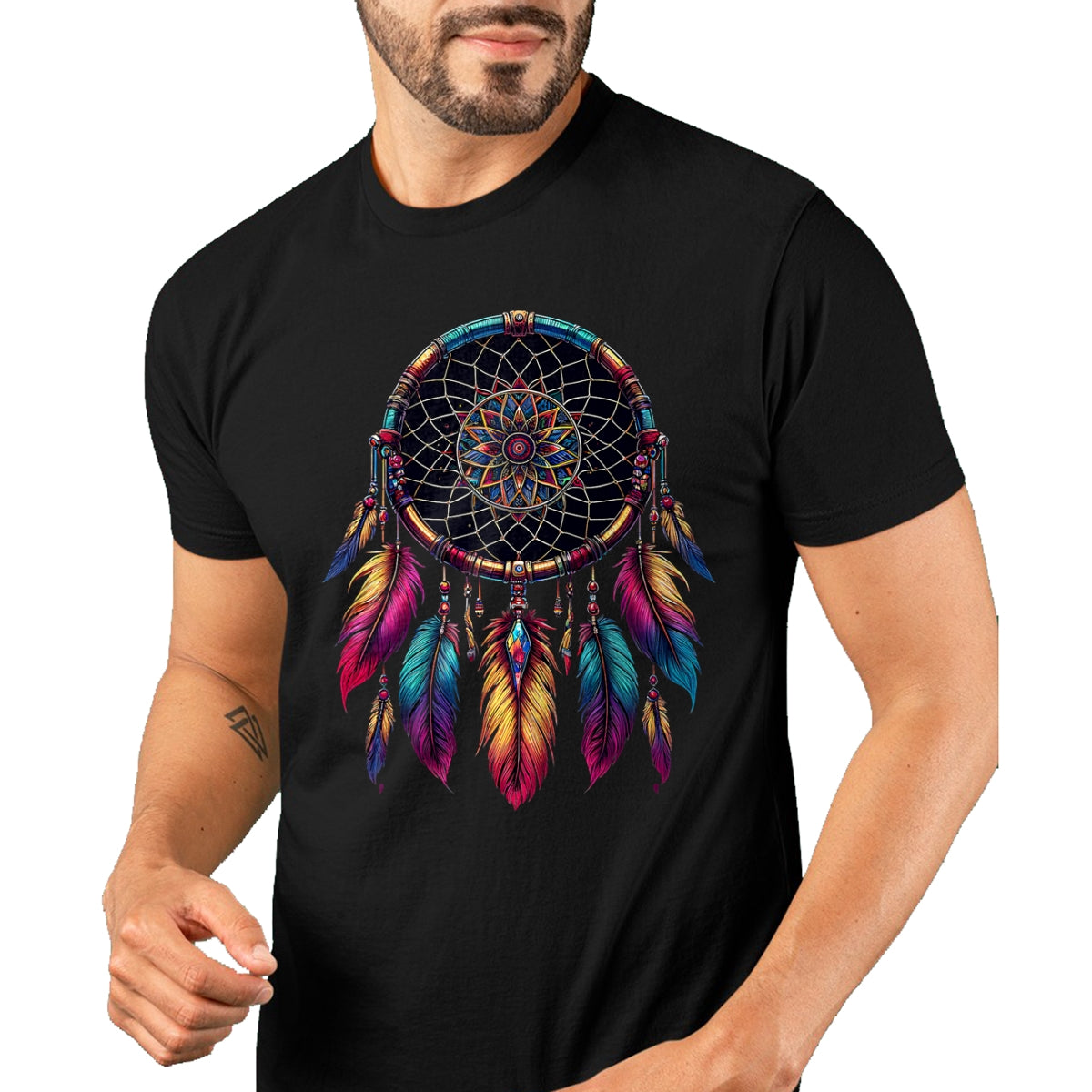 Native American T-Shirts, Vintage Native American Unisex T-Shirt/Hoodie/Sweatshirt HLT00 - American Flag - Colorful Dreamcatcher Feather Native American Indian Art T-Shirt (1)