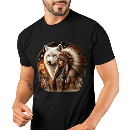 Native American T-Shirts, Vintage Native American Unisex T-Shirt/Hoodie/Sweatshirt HLT00 - Indian Native American Woman With White Wolf Vitage Gifts T-Shirt