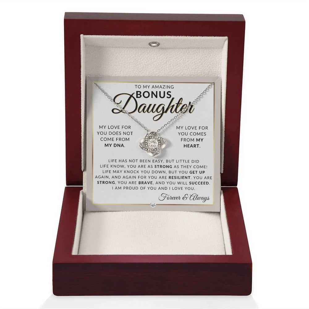 TO MY BONUS DAUGHTER FROM DAD and FROM MOM "My Love For You Come From My Heart" - Premium Love Knot Necklace