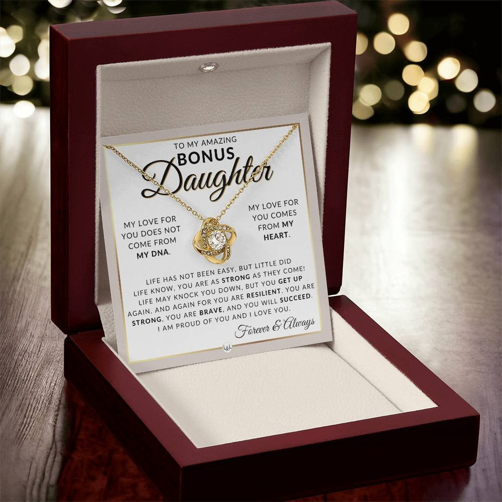 TO MY BONUS DAUGHTER FROM DAD and FROM MOM "My Love For You Come From My Heart" - Premium Love Knot Necklace