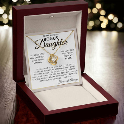 TO MY BONUS DAUGHTER FROM DAD and FROM MOM "My Love For You Come From My Heart" - Premium Love Knot Necklace