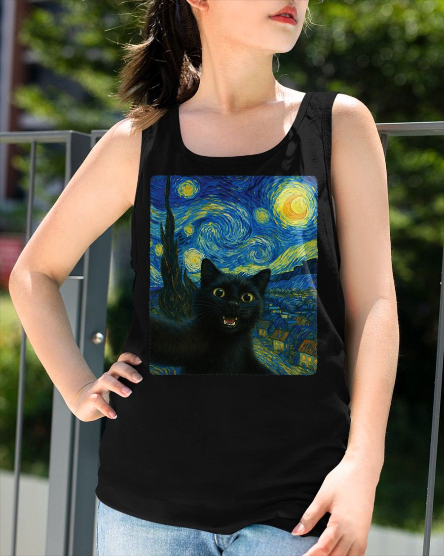 Black Cat Starry Night Van Gogh Cat Selfie Cat Mom Cat Lover T-Shirt CAT00 (SKU-TRU-ME01)