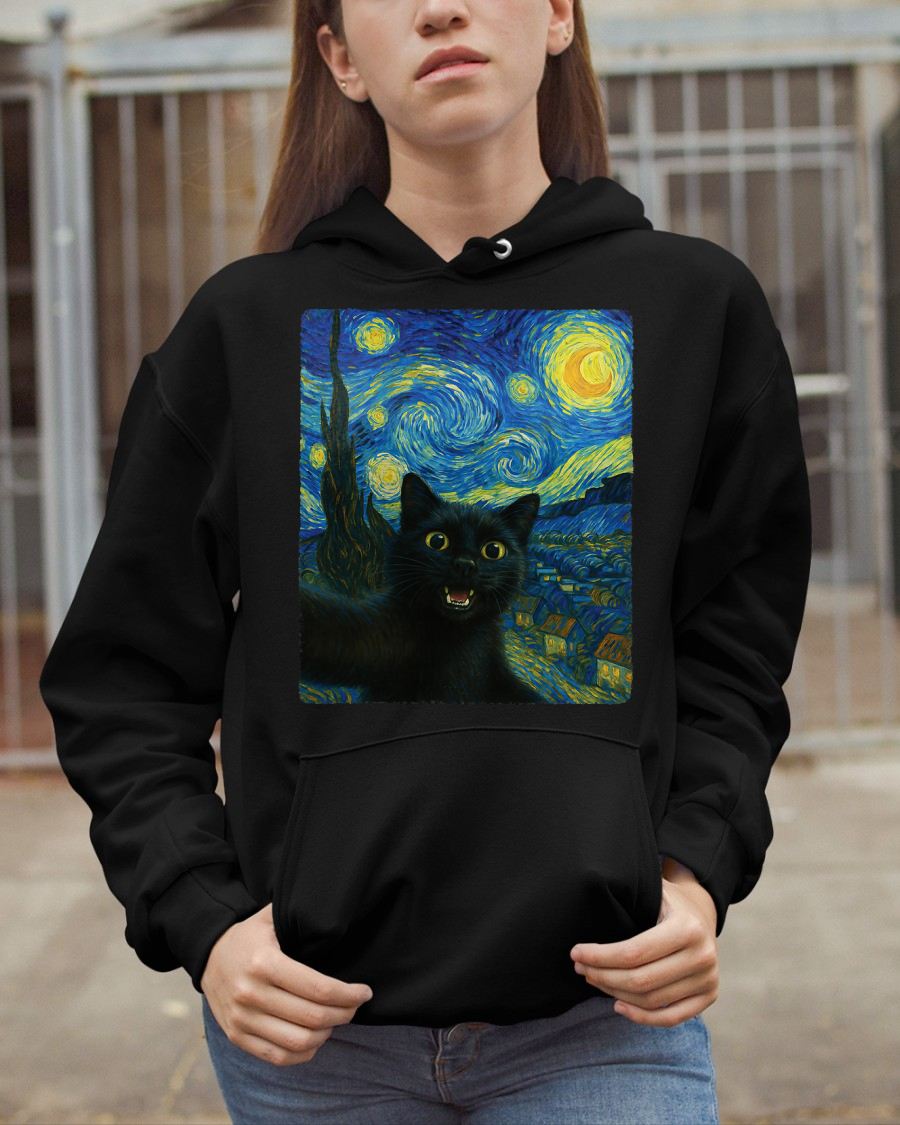 Black Cat Starry Night Van Gogh Cat Selfie Cat Mom Cat Lover T-Shirt CAT00 (SKU-TRU-ME01)