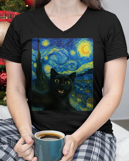 Black Cat Starry Night Van Gogh Cat Selfie Cat Mom Cat Lover T-Shirt CAT00 (SKU-TRU-ME01)
