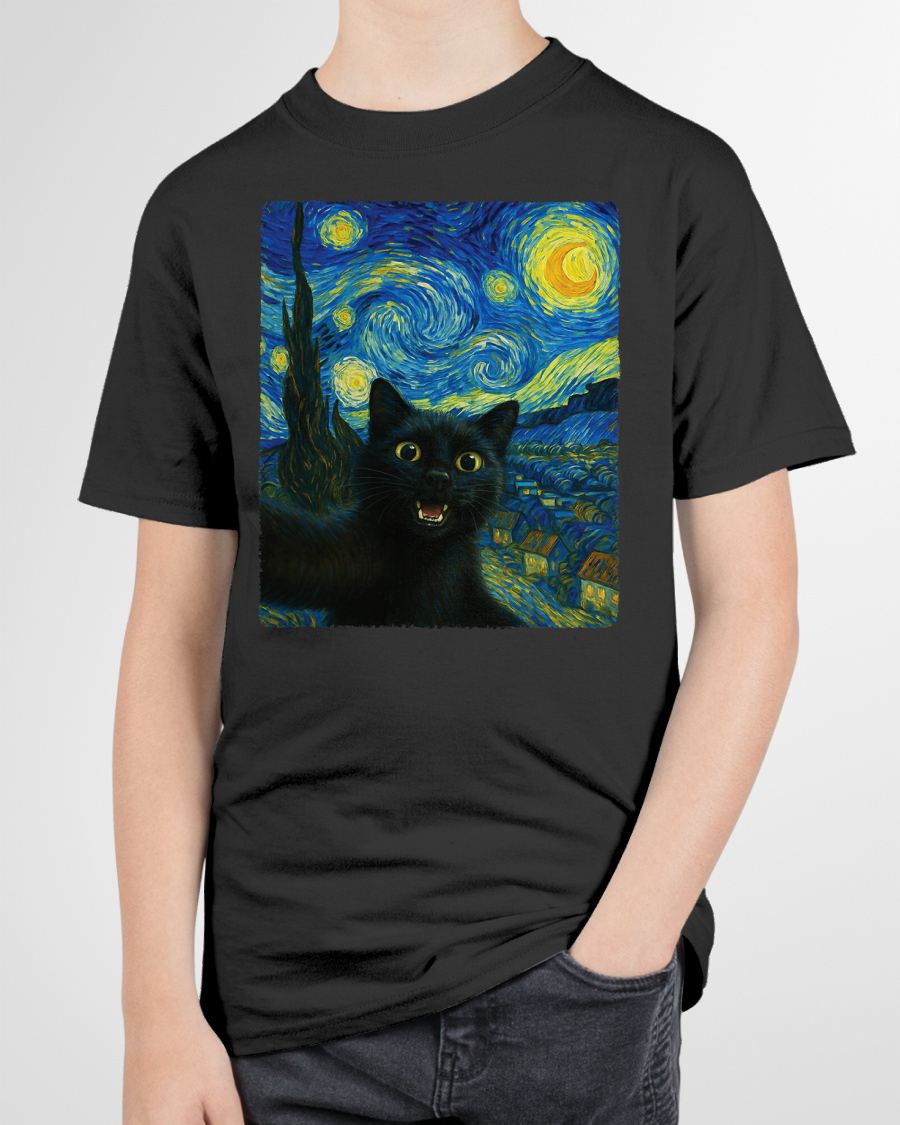 Black Cat Starry Night Van Gogh Cat Selfie Cat Mom Cat Lover T-Shirt CAT00 (SKU-TRU-ME01)