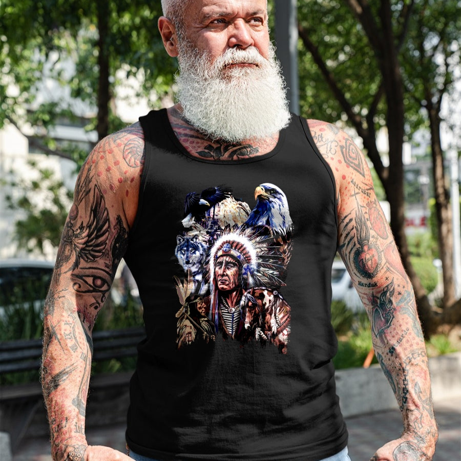 Native American T-Shirts, Vintage Native American Unisex T-Shirt/Hoodie/Sweatshirt HLT00 - American Flag - American Indigenous Art Native Indian Chief Headdress T-Shirt (1)