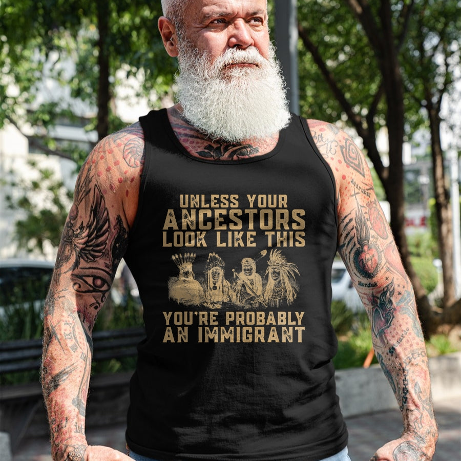 Native American T-Shirts, Vintage Native American Unisex T-Shirt/Hoodie/Sweatshirt HLT00 - American Flag - American Indian You're Probably An Immigrant T-Shirt (1)