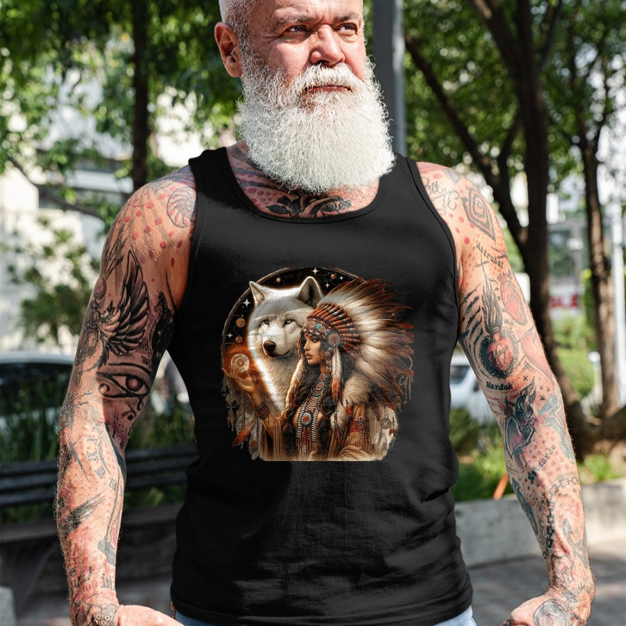 Native American T-Shirts, Vintage Native American Unisex T-Shirt/Hoodie/Sweatshirt HLT00 - Indian Native American Woman With White Wolf Vitage Gifts T-Shirt