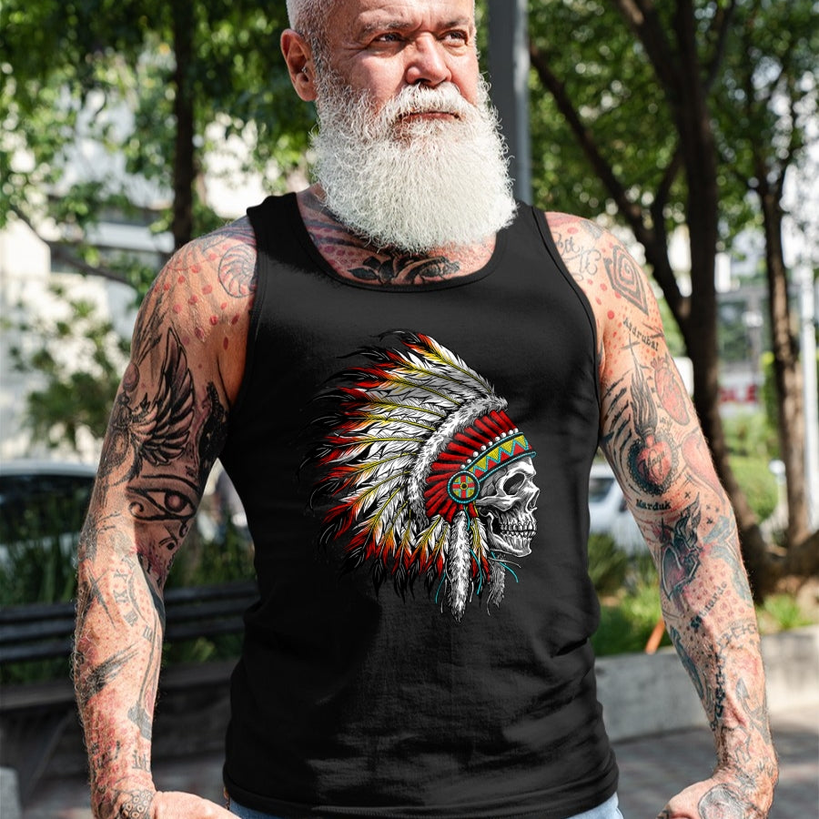 Native American T-Shirts, Vintage Native American Unisex T-Shirt/Hoodie/Sweatshirt HLT00 - Native American Indian Chief Skull Motorcycle Headdress T-Shirt (1)