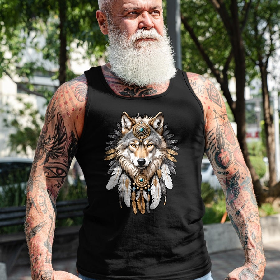 Native American T-Shirts, Vintage Native American Unisex T-Shirt/Hoodie/Sweatshirt HLT00 - Native American Wolf Feather Headdress Hunter Men Women T-Shirt (1)