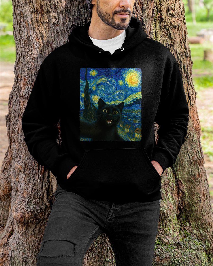 Black Cat Starry Night Van Gogh Cat Selfie Cat Mom Cat Lover T-Shirt CAT00 (SKU-TRU-ME01)