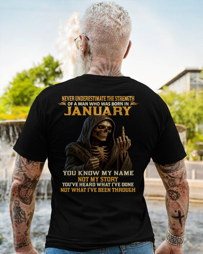 JANUARY - NEVER UNDERESTIMATE - BIRTHDAY T-SHIRT FOR MEN - EBIL01 (SKU26T-01-06-01)