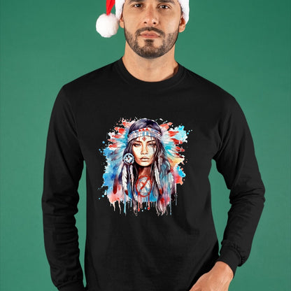 Native American T-Shirts, Vintage Native American Unisex T-Shirt/Hoodie/Sweatshirt HLT00 - Native American day indigenous girl with feathers T-Shirt (1)
