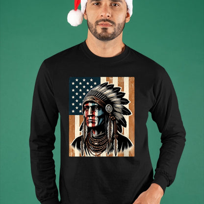 Native American T-Shirts, Vintage Native American Unisex T-Shirt/Hoodie/Sweatshirt HLT00 - Native American Indian Vintage Chief American USA Flag Retro T-Shirt (1)