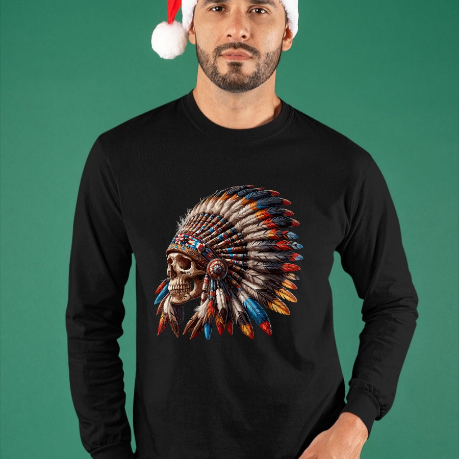 Native American T-Shirts, Vintage Native American Unisex T-Shirt/Hoodie/Sweatshirt HLT00 - Native American Indian Chief Skull Motorcycle Headdress T-Shirt (3)