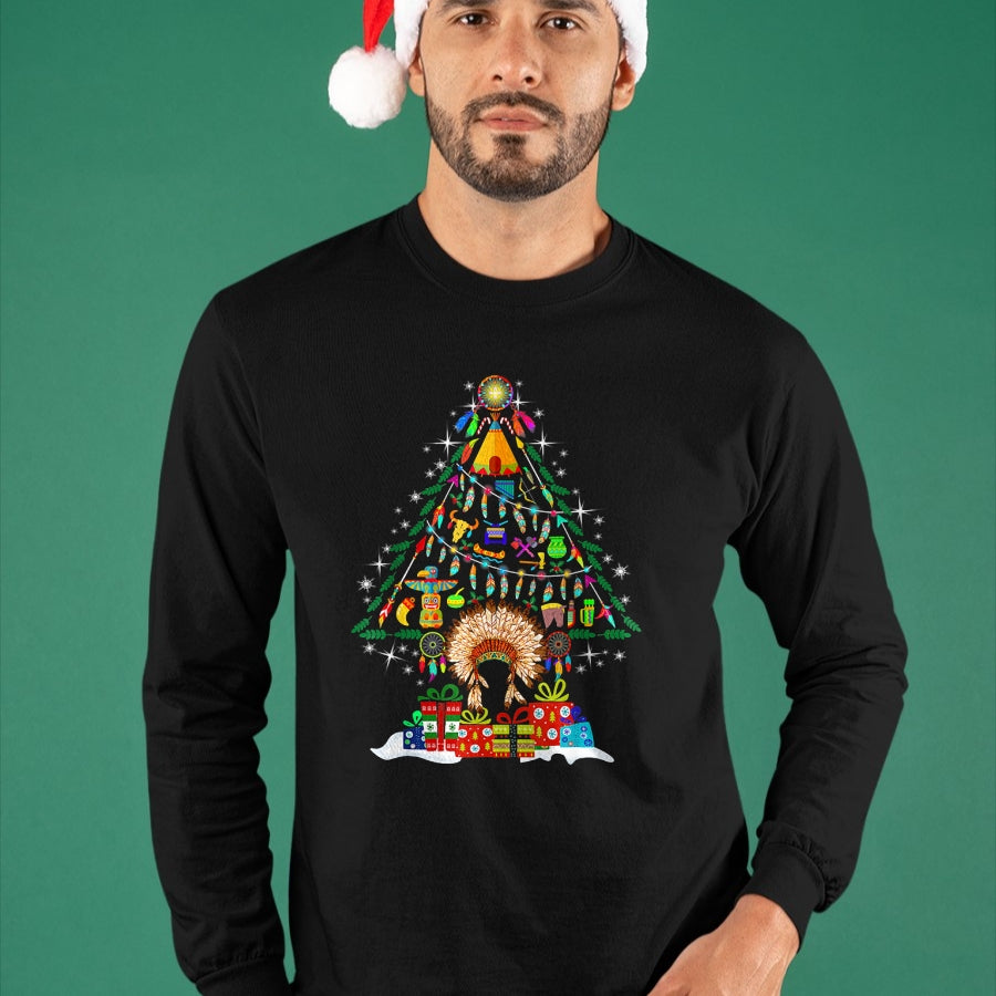 Native American T-Shirts, Vintage Native American Unisex T-Shirt/Hoodie/Sweatshirt HLT00 - American Flag - Christmas Tree Native American Tribe T-Shirt (1)