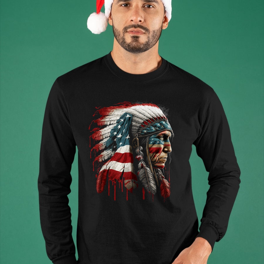 Native American T-Shirts, Vintage Native American Unisex T-Shirt/Hoodie/Sweatshirt HLT00 - Native American Indian Chief American USA Flag T-Shirt (2)