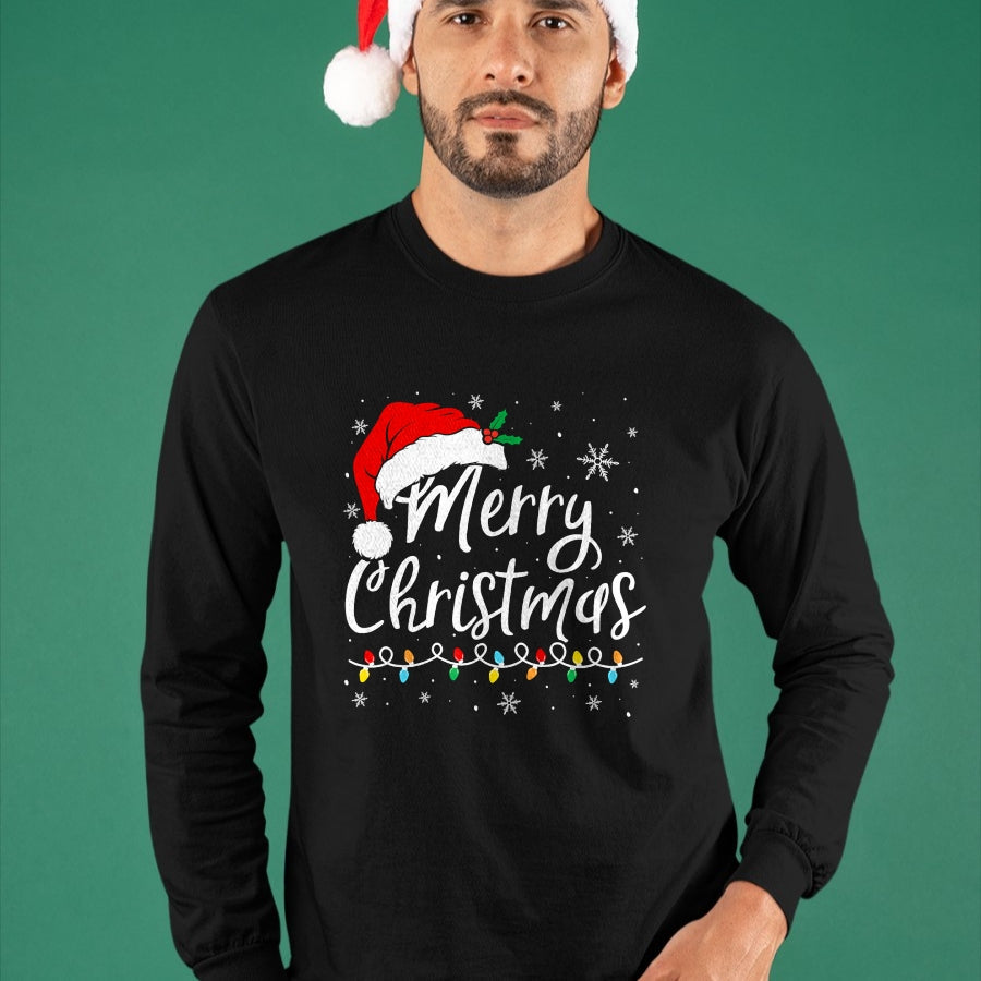 Merry Christmas Lights Santa Hat Xmas Family Matching Pajama T-Shirt - Christmas Unisex T-Shirt/Hoodie/Sweatshirt - HNDS00