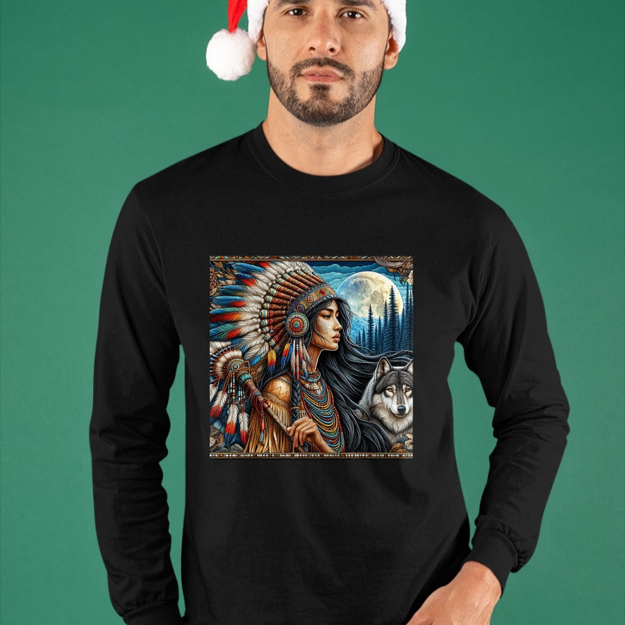 Native American T-Shirts, Vintage Native American Unisex T-Shirt/Hoodie/Sweatshirt HLT00 - indian native american woman with white wolf vintage gifts T-Shirt (1)