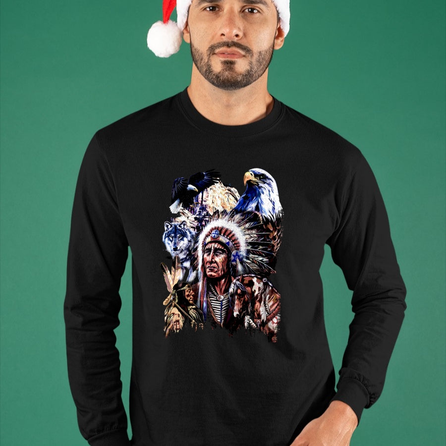 Native American T-Shirts, Vintage Native American Unisex T-Shirt/Hoodie/Sweatshirt HLT00 - American Flag - American Indigenous Art Native Indian Chief Headdress T-Shirt (1)