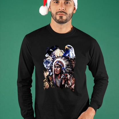 Native American T-Shirts, Vintage Native American Unisex T-Shirt/Hoodie/Sweatshirt HLT00 - American Flag - American Indigenous Art Native Indian Chief Headdress T-Shirt (1)