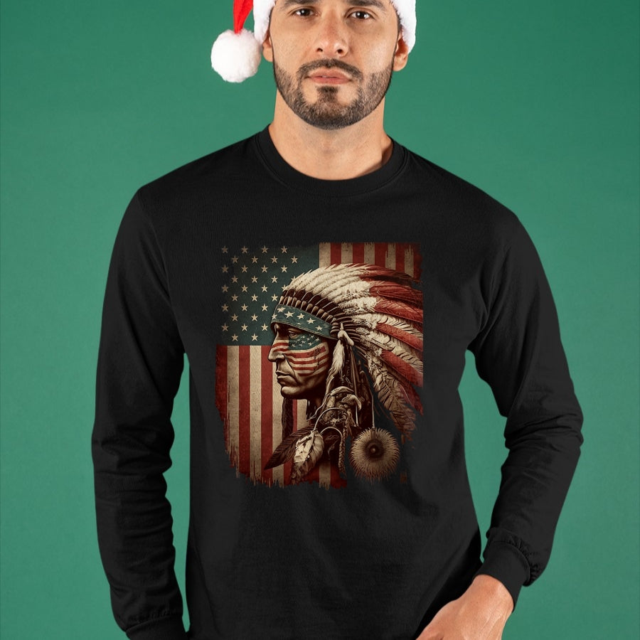 Native American T-Shirts, Vintage Native American Unisex T-Shirt/Hoodie/Sweatshirt HLT00 - Native American Indian Chief American USA Flag T-Shirt (1)
