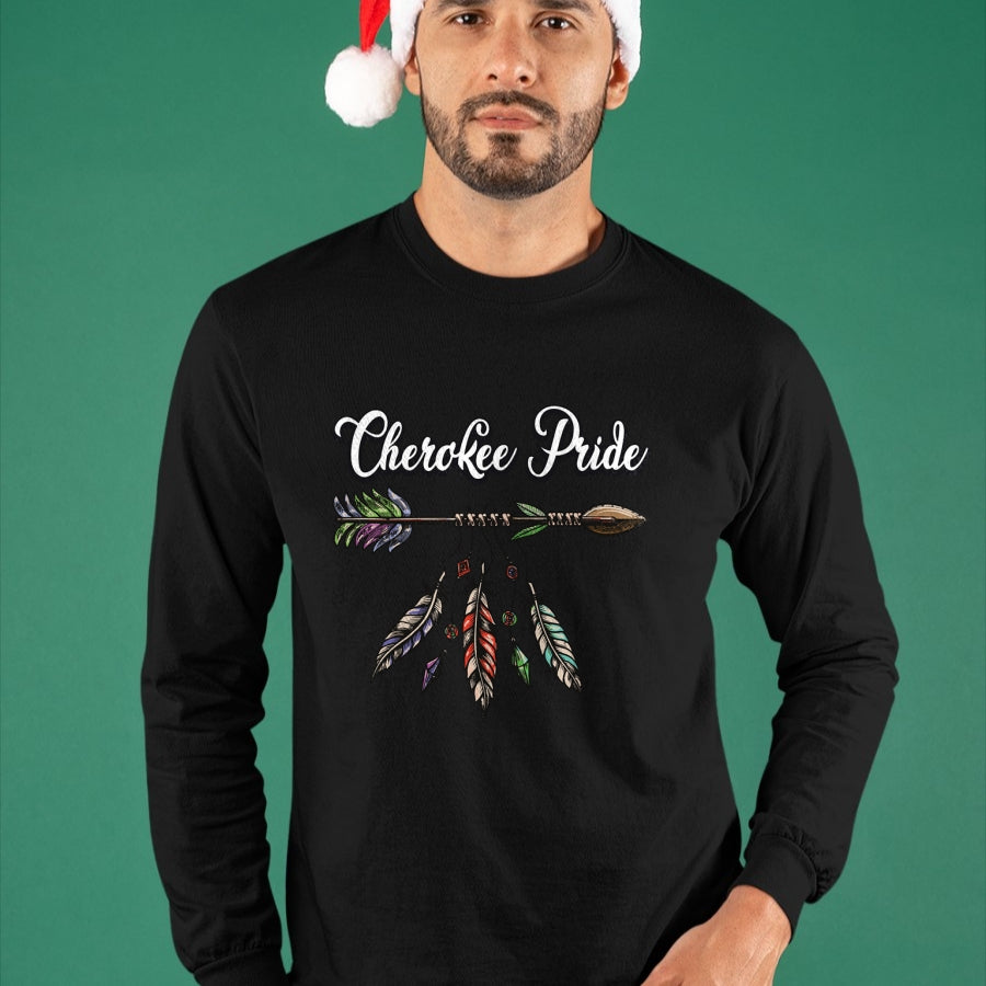Native American T-Shirts, Vintage Native American Unisex T-Shirt/Hoodie/Sweatshirt HLT00 - American Flag - Cherokee Pride Feathers Native American Long Sleeve T-Shirt
