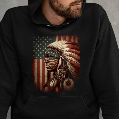 Native American T-Shirts, Vintage Native American Unisex T-Shirt/Hoodie/Sweatshirt HLT00 - Native American Indian Chief American USA Flag T-Shirt (1)