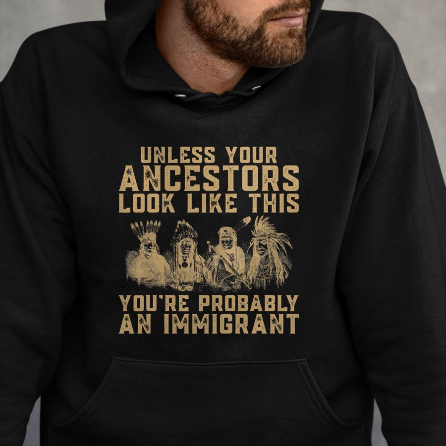 Native American T-Shirts, Vintage Native American Unisex T-Shirt/Hoodie/Sweatshirt HLT00 - American Flag - American Indian You're Probably An Immigrant T-Shirt (1)